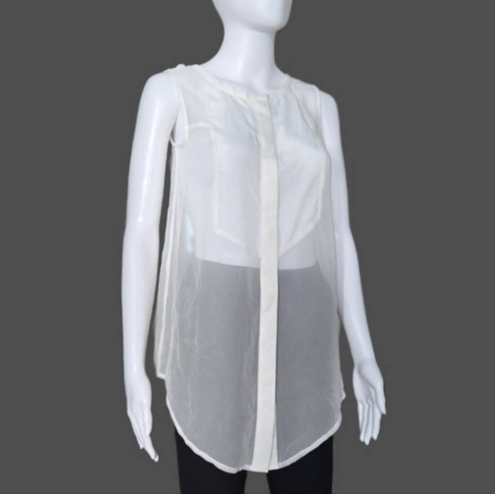 NAMI Sheer White Tuxedo-Style Bib Button-Down Shirttail Hem Sleeveless Blouse 2